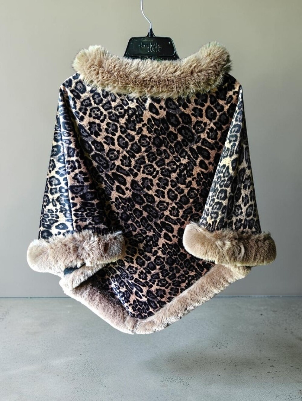 Women's Leopard Print Pullover Poncho Cape with Plush Faux Fur Trim